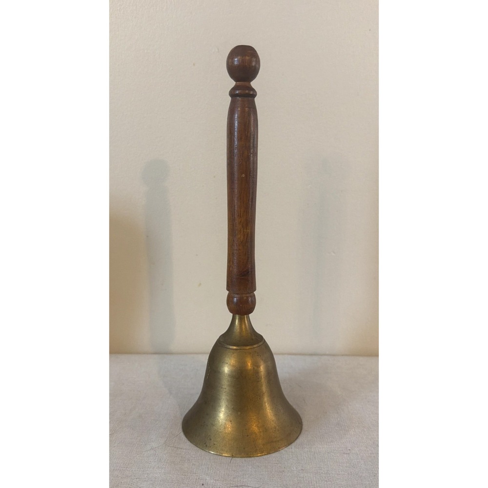 Brass 9" HAND BELL with Wooden Handle - Cottagecore Farmhouse Schoolhouse Decor